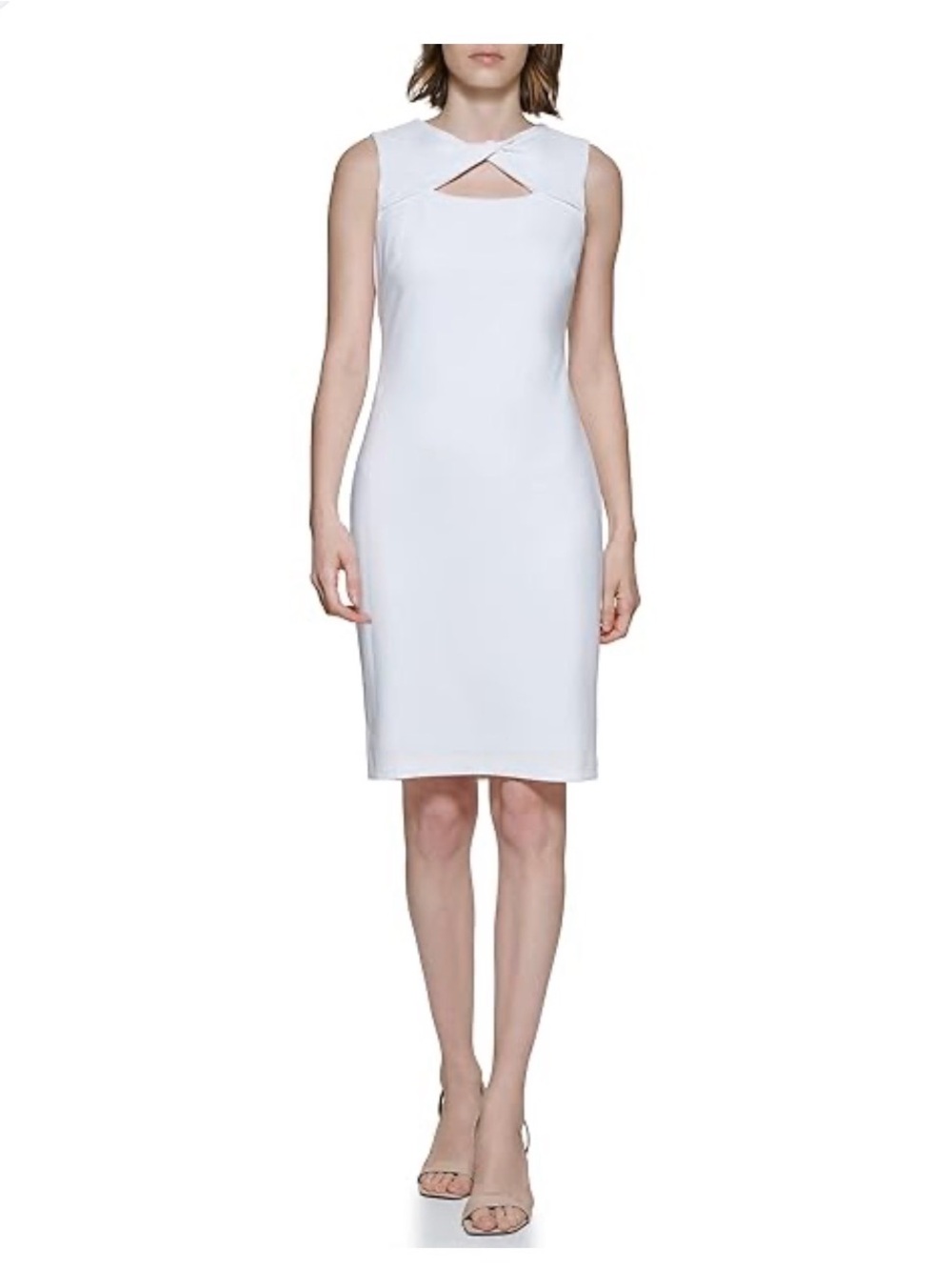 Calvin Klein White Sleeveless Sheath Dress with Twist Keyhole